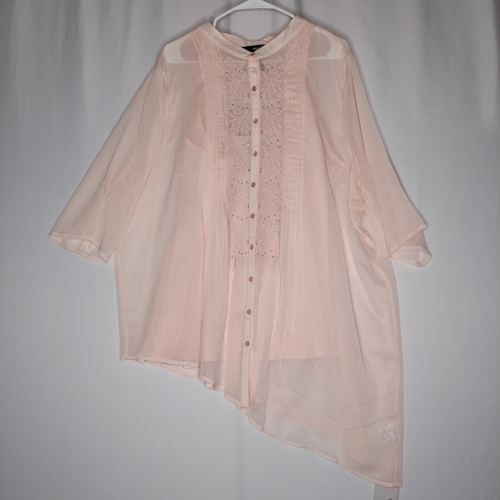 Denim 24/7 Pink Gauze Beaded Button Top‎ Women 26W Sheer Asymmetric Ethereal